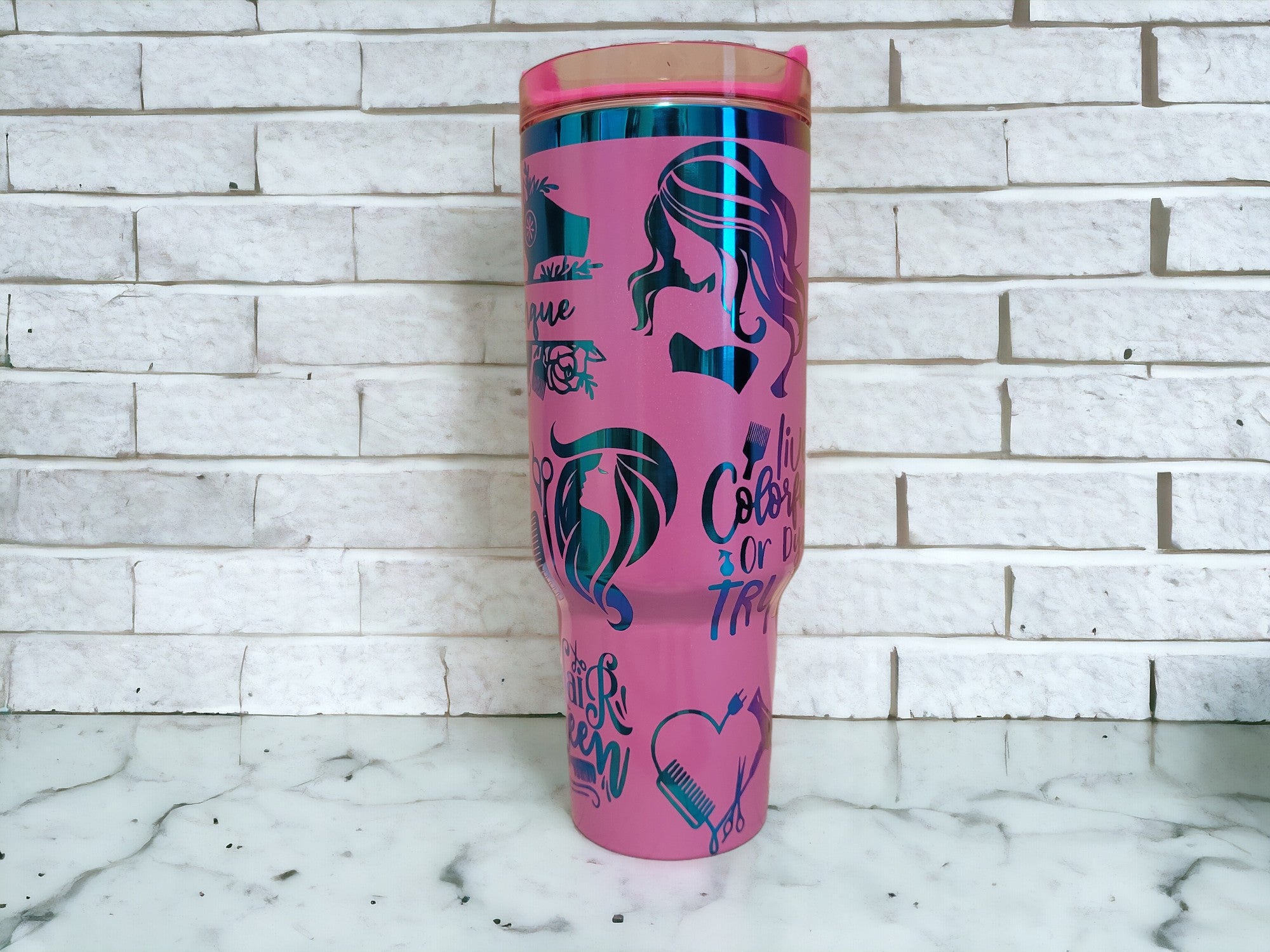 Personalized 40oz Rainbow Coated Sparkle Pink Tumbler